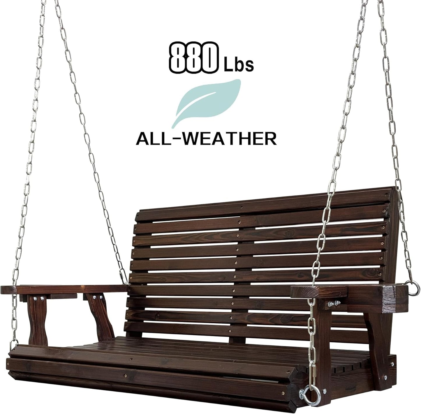 Wooden Porch Swing 2-Seater, High Backrest and Deep Seat, Bench Swing with Cupholders, Hanging Chains and 7mm Springs, Heavy Duty 880 LBS, for Outdoor Patio Garden (Deep Brown, 4 FT Extra Large)-VerdiqueGarden