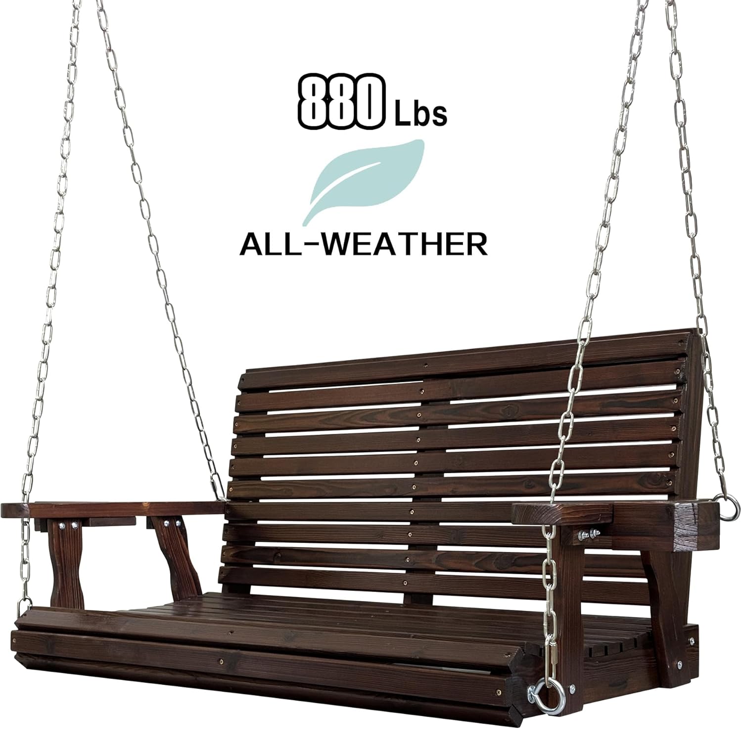 Wooden Porch Swing 2-Seater, High Backrest and Deep Seat, Bench Swing with Cupholders, Hanging Chains and 7mm Springs, Heavy Duty 880 LBS, for Outdoor Patio Garden (Deep Brown, 4 FT Extra Large)-VerdiqueGarden