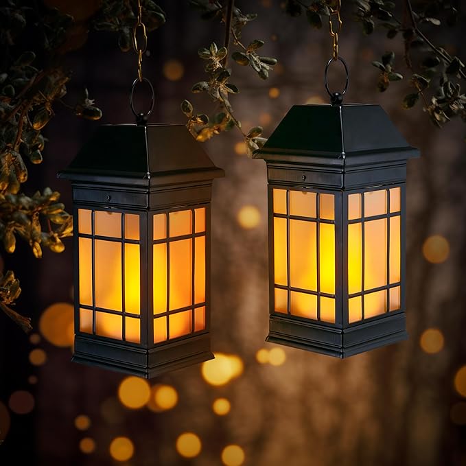 14" Solar Lantern Outdoor Waterproof, Glass Flickering Flame Solar Lanterns, Hanging Metal Lantern Decorative for Patio Front Porch Garden Backyard Tabletop Mothers Day Gifts Mom-VerdiqueGarden