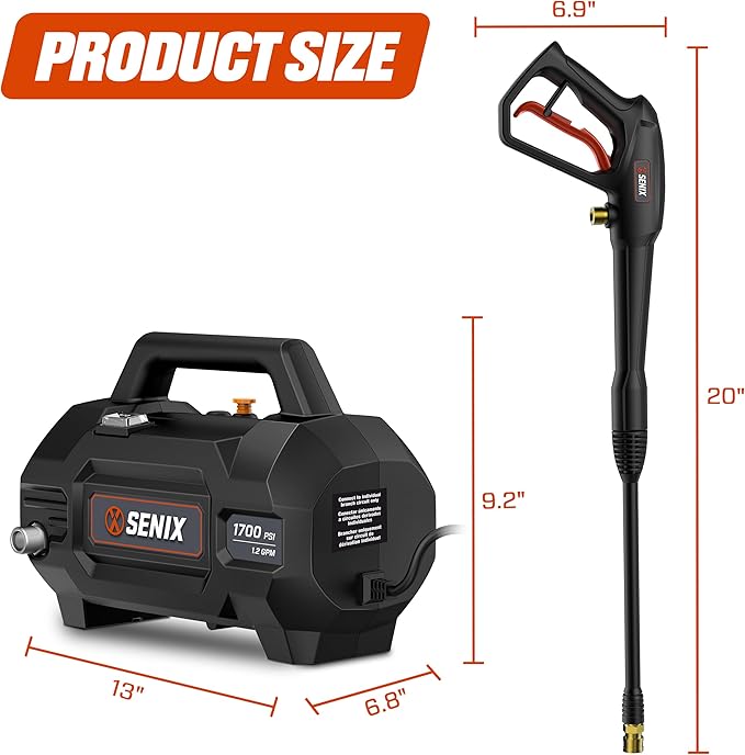 SENIX 13 Amp Electric Pressure Washer - 2100 PSI MAX, 1.2 GPM, Compact with Foam Cannon, Spray Gun, 20-ft Hose, Turbo Nozzle, and 15° Spray Nozzles - Perfect for Cars and Driveways-VerdiqueGarden