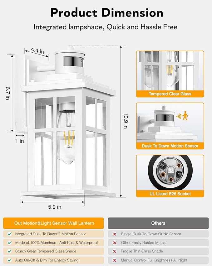 White Motion Sensor Light Outdoor, 2 Pack Dusk to Dawn Outside Lights for House, Anti-Rust Exterior Light Fixture, Waterproof Porch Light for House, Garage, Balcony, Weather Resistant-VerdiqueGarden