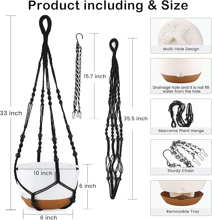 10 Inch Hanging Planter, 2 Pack Hanging Plant Self Watering Pot with Drainage Holes & Saucers, Hanging Baskets Flower Pots with Black Macrame Rope Hangers for Garden Home -White-VerdiqueGarden
