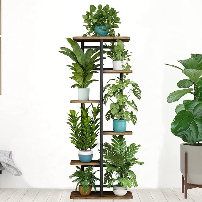 LINZINAR Plant Stand 6 Tier 7 Plant Multiple Flower Rack Holder Shelves Rack Storage Organizer Display Indoor Planter for Balcony Bedroom Patio Garden Living Room, Black-VerdiqueGarden