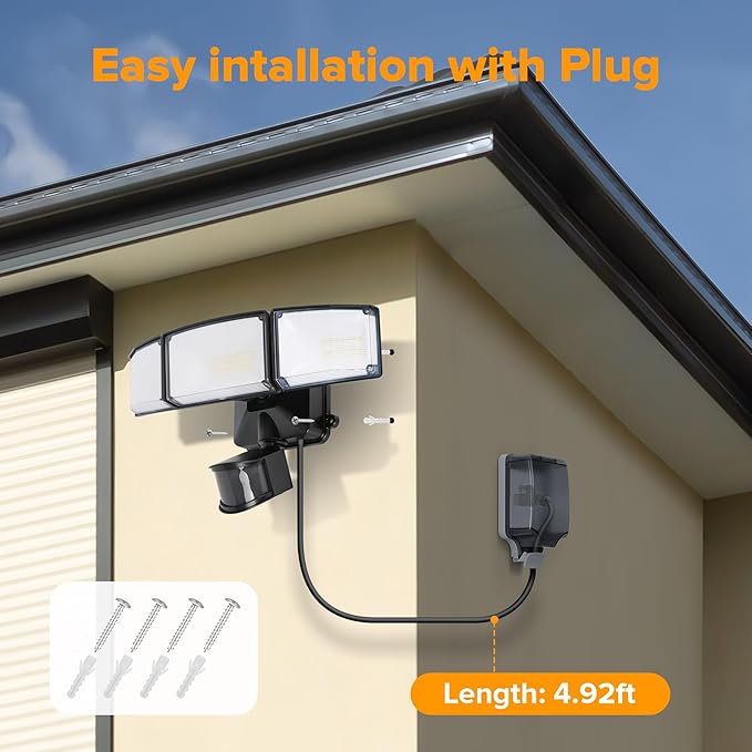 LUTEC 49W Motion Sensor Outdoor Lights, 5500 LM Plug in Flood Light Outdoor, Dusk to Dawn, IP65 Waterproof Security Lighting, 5000K Daylight, Adjustable Wall-Mounted for Garage, Yard, Porch (Black)-VerdiqueGarden