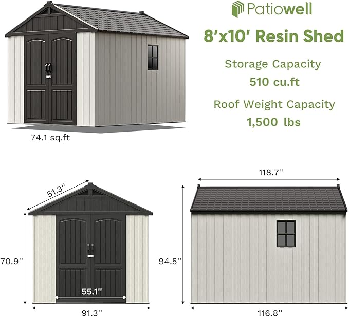 Patiowell 8 x 10 FT Resin Outdoor Storage Shed with Floor, Plastic Shed with Window and Lockable Door for Garden, Backyard, Tool Storage Use, Easy to Install in Beige (Kick-it Shed)-VerdiqueGarden