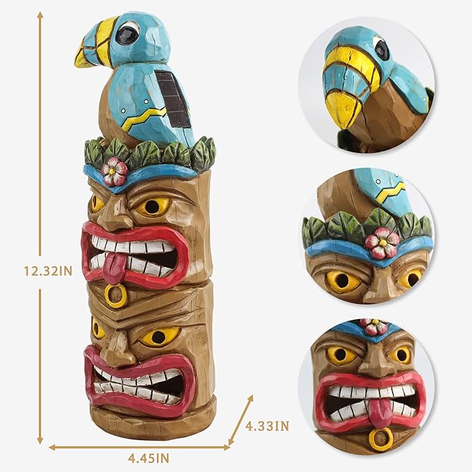 Tiki Totem Pole-Solar Tiki Statue Head Decor - 12.32 inch Tall Tiki Decorations for Tiki Bar Outdoor Patio Balcony Yard Backyard-VerdiqueGarden