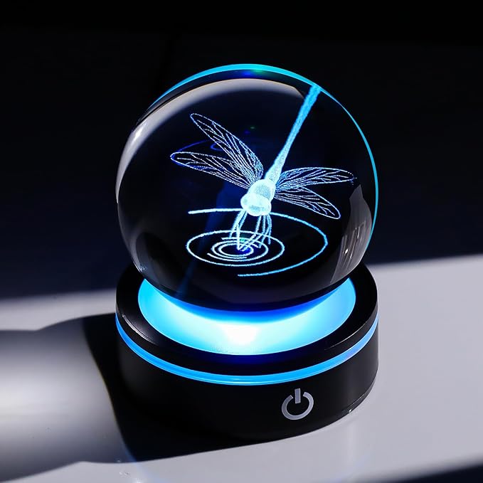 YWHL Crystal Ball 3D Dragonfly Figurine with LED Base, Dragonfly Gifts for Men Women on Christmas Birthday, Glass Animals Insect Sphere Decorative Ball for Home Decor (80mm)-VerdiqueGarden