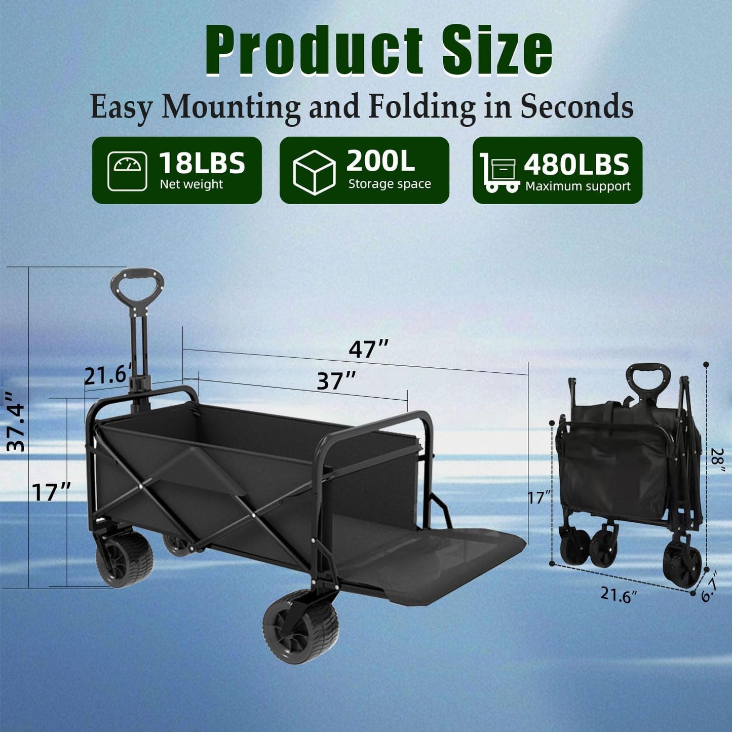 Collapsible Wagon Cart Foldable with Tailgate, 47" L 480lbs Capacity, Heavy Duty Beach Wagon with Wheels Brake, Shopping Carts for Grocery, Camping, Beach, Garden Cart-VerdiqueGarden