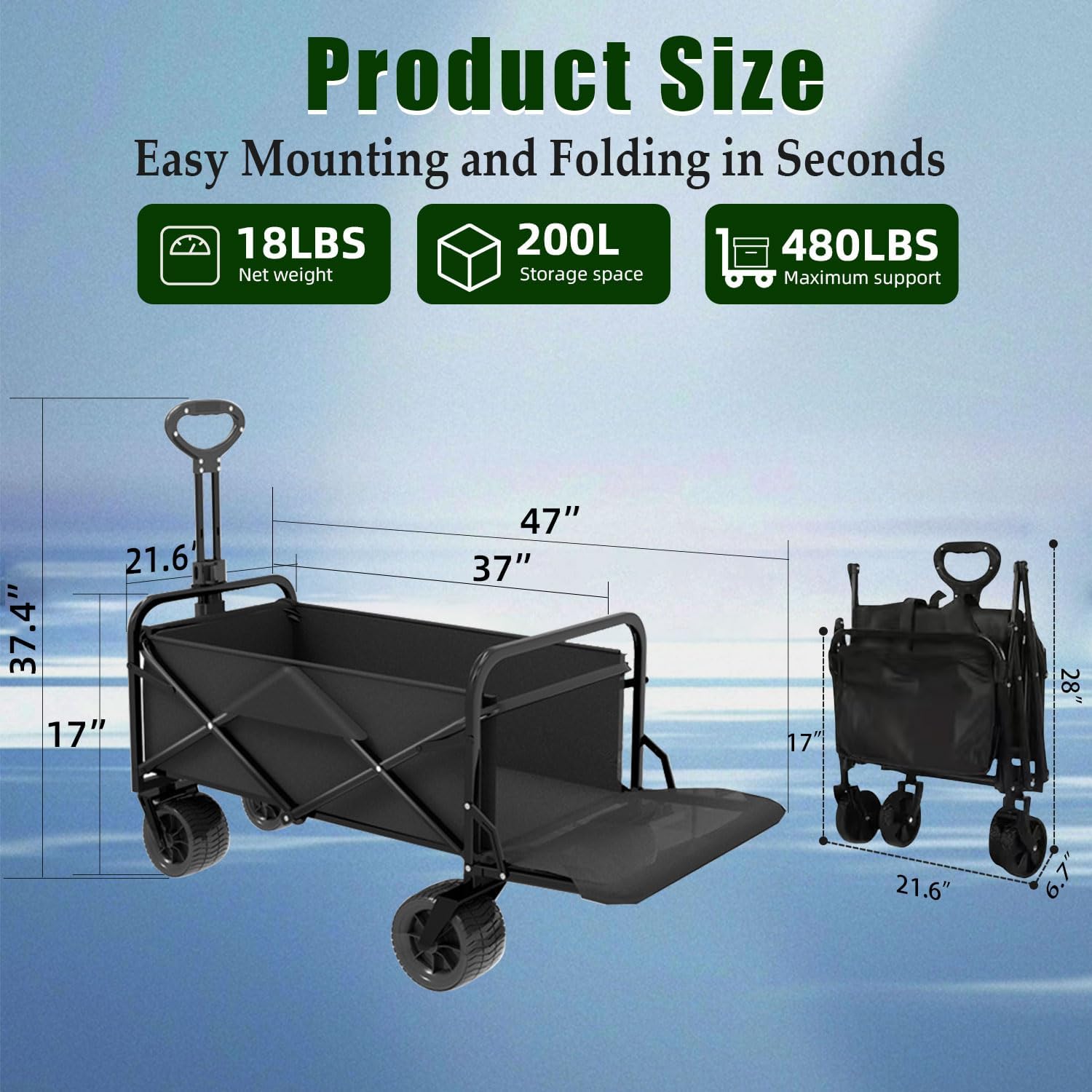 Collapsible Wagon Cart Foldable with Tailgate, 47" L 480lbs Capacity, Heavy Duty Beach Wagon with Wheels Brake, Shopping Carts for Grocery, Camping, Beach, Garden Cart-VerdiqueGarden