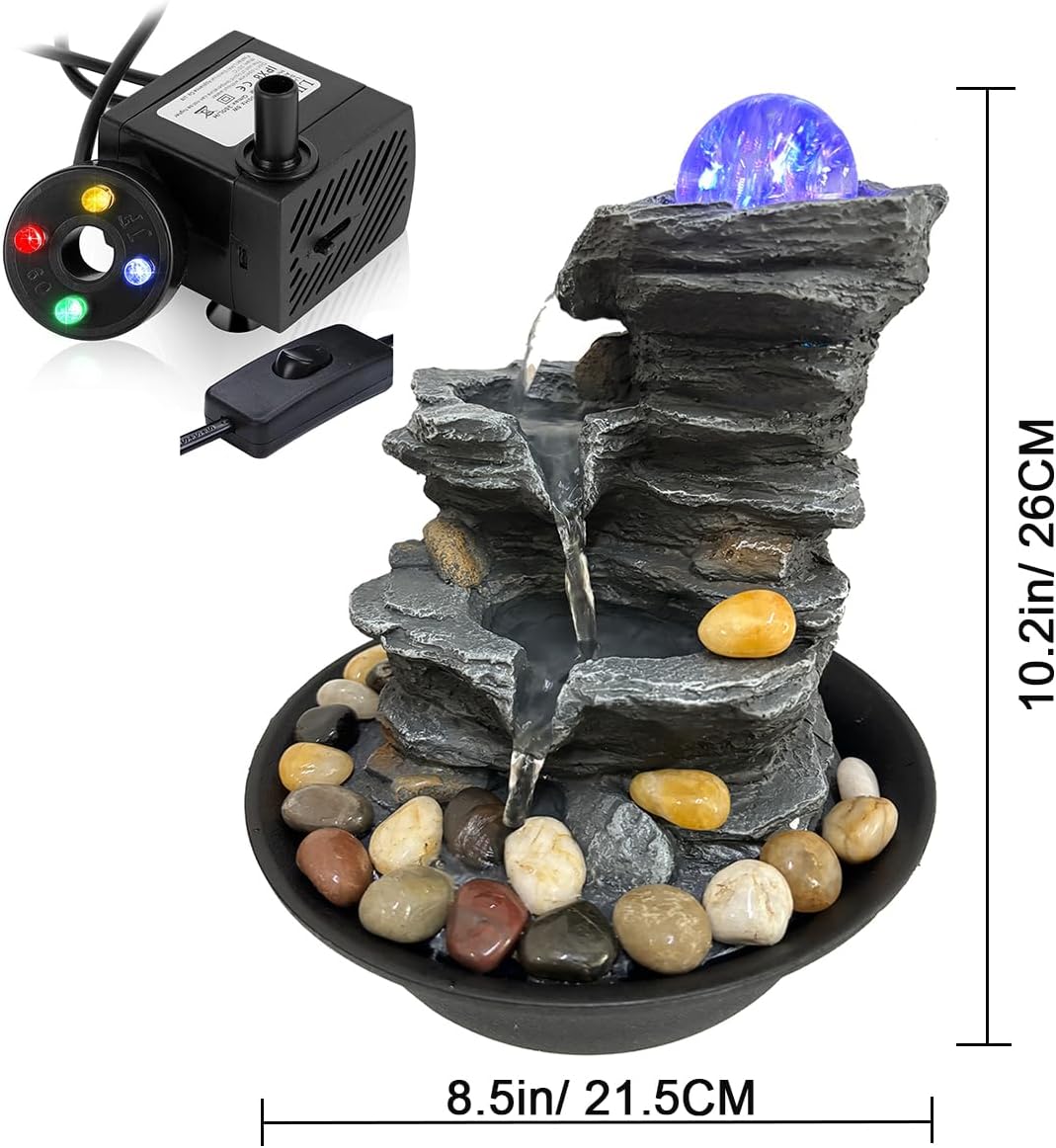 Indoor Tabletop Water Fountain Rotating Ball Rock Waterfall Fountain with Colorful Lights and Natural River Rocks, Zen Meditation for Home Office Decor-VerdiqueGarden