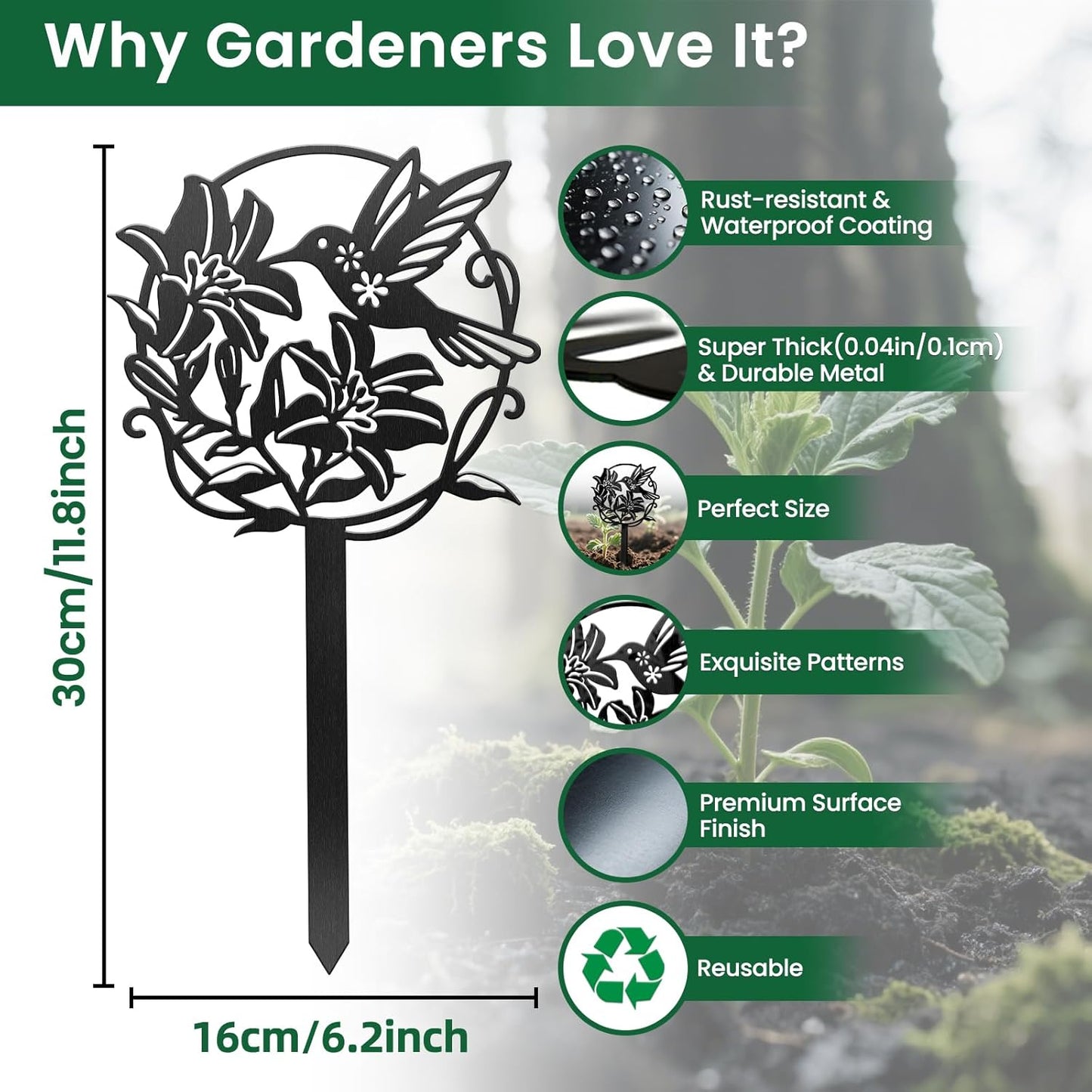 CUTHOLLOW Metal Plant Marker Stake Hummingbird and Flower for Outdoor Indoor, Waterproof 11.8 inch Cute Garden Plant Labels Sign Tag for Vegetables, Farmhouse Greenhouse Decor - Funny Gardening Gifts-VerdiqueGarden