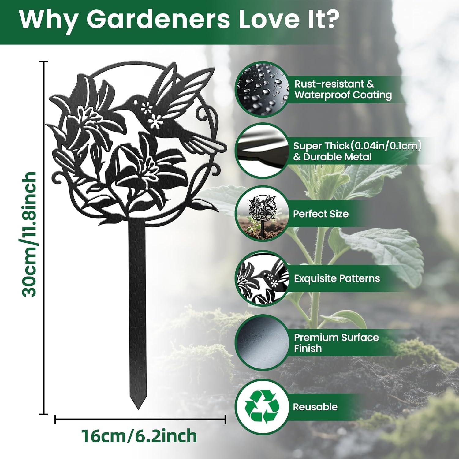 CUTHOLLOW Metal Plant Marker Stake Hummingbird and Flower for Outdoor Indoor, Waterproof 11.8 inch Cute Garden Plant Labels Sign Tag for Vegetables, Farmhouse Greenhouse Decor - Funny Gardening Gifts-VerdiqueGarden