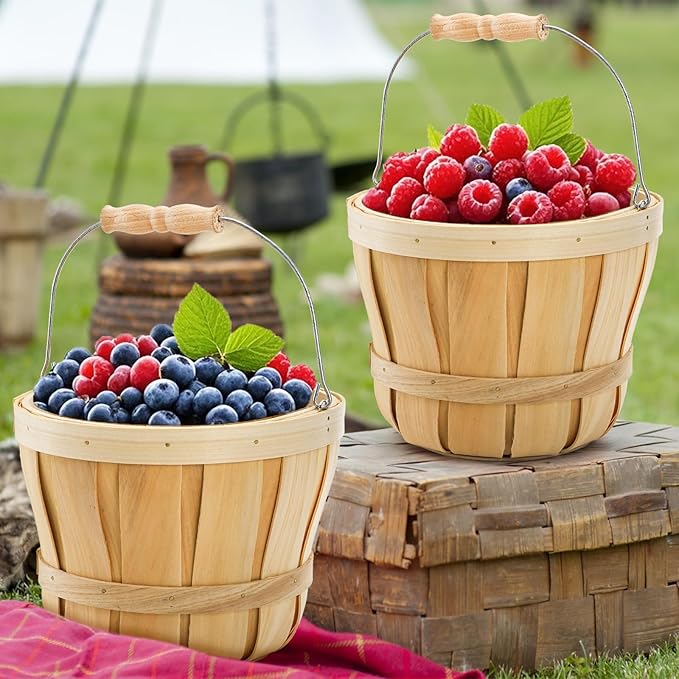 Okllen 2 Pack Round Wooden Baskets with Handle, Empty Wood Fruit Buckets, Easter Basket Fall Harvest Basket for Display Fruits Vegetables, Home Garden and Party Supplies, Natural Color-VerdiqueGarden