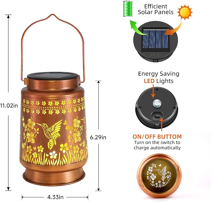 Hummingbird Solar Lanterns Outdoor Waterproof Hanging Solar Lights Gifts for Women Metal LED Lanterns Outside for Garden, Yard, Patio, Lawn, Porch-VerdiqueGarden
