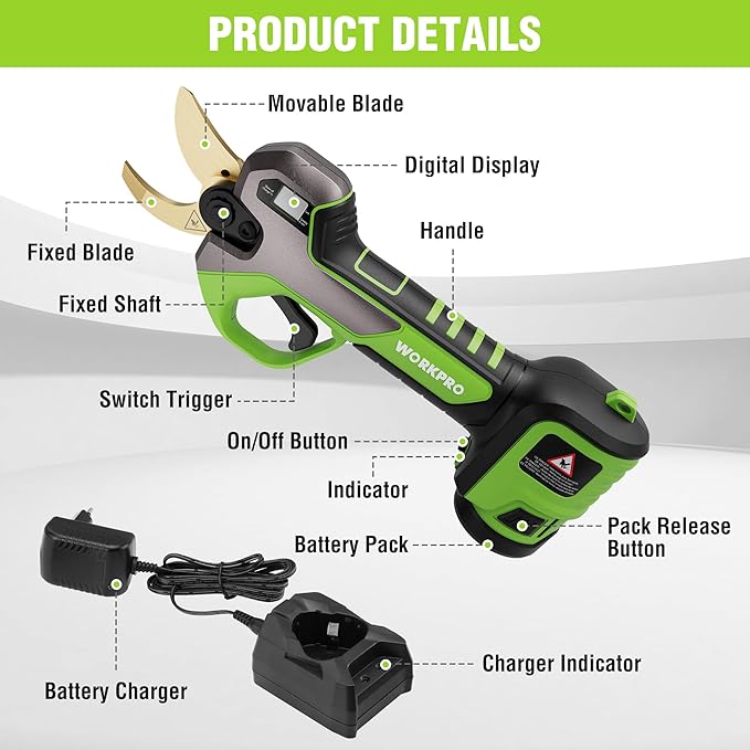 WORKPRO 12V Electric Pruning Shears, Battery Powered Pruning Shears, Cordless Tree Pruner, 1.2 Inch Cutting Diameter, Branch Cutter Gardening Scissors with 2 Pack Rechargeable Battery and Fast Charger-VerdiqueGarden