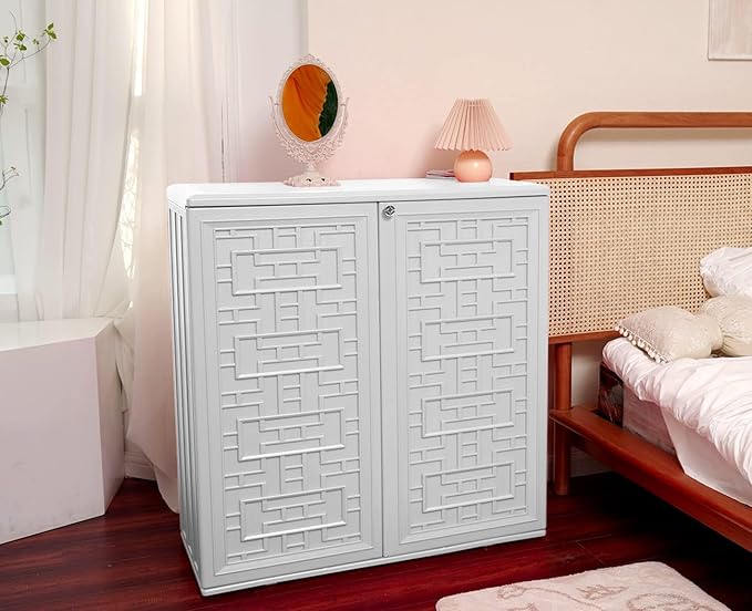 HOMSPARK Indoor/Outdoor Storage Cabinet with Doors and Shelf, 34”x16”x36” HDPE Plastic Storage Box for Patio, Bedroom, Bathroom, Living Room, Balcony, Multi-Purpose for Daily Tools, White-VerdiqueGarden