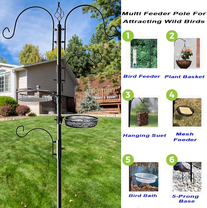 Ashman Deluxe Bird Feeding Station (4 Pack) Bird Feeders for Outside - Multi Feeder Pole Stand Kit with 4 Hangers, Bird Bath and 3 Prong Base for Attracting Wild Birds - 22 Inch Wide x 92 Inch Tall.-VerdiqueGarden
