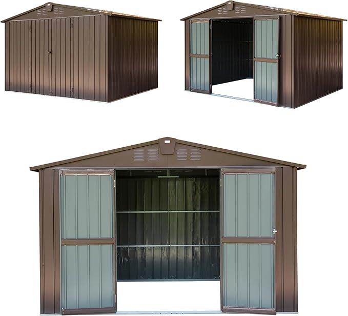 Domi Outdoor 10' x 8' Storage Shed, Metal Steel Utility Tool Shed Storage House with Double Lockable Doors & Air Vents for Backyard Patio Garden Lawn Brown-VerdiqueGarden
