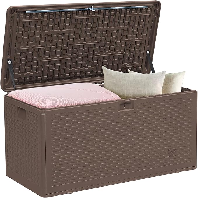 73 Gallon Pro Outdoor Storage Box Waterproof Lockable Resin Deck Box Large, Patio Storage Bin for Pool Accessories Cushion Furniture, Garden Tools, UV-Resistant Outside Delivery Brown-VerdiqueGarden