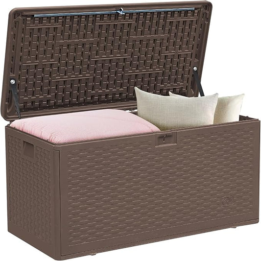 73 Gallon Pro Waterproof Outdoor Storage Pro Resin Deck Box Bin for Patio, Poolside, and Garden, Lockable & UV-Resistant, Ideal for Small Spaces, Brown-VerdiqueGarden