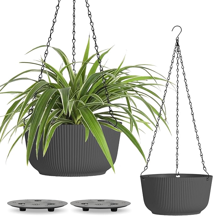 T4U 8 Inch Hanging Planters for Indoor Outdoor Plants, Self Watering Hanging Pot Pack of 2, Hanging Pots with Drainage Hole & Plug & Chain with 3 Hooks for Garden Home Decor, Grey-VerdiqueGarden
