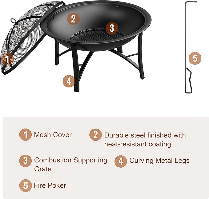 Fire Beauty Fire Pit for Outside Wood Burning,BBQ Grill Steel Fire Bowl with Spark Screen Cover,Log Grate,Poker for Camping Beach Bonfire Picnic Backyard Garden-VerdiqueGarden