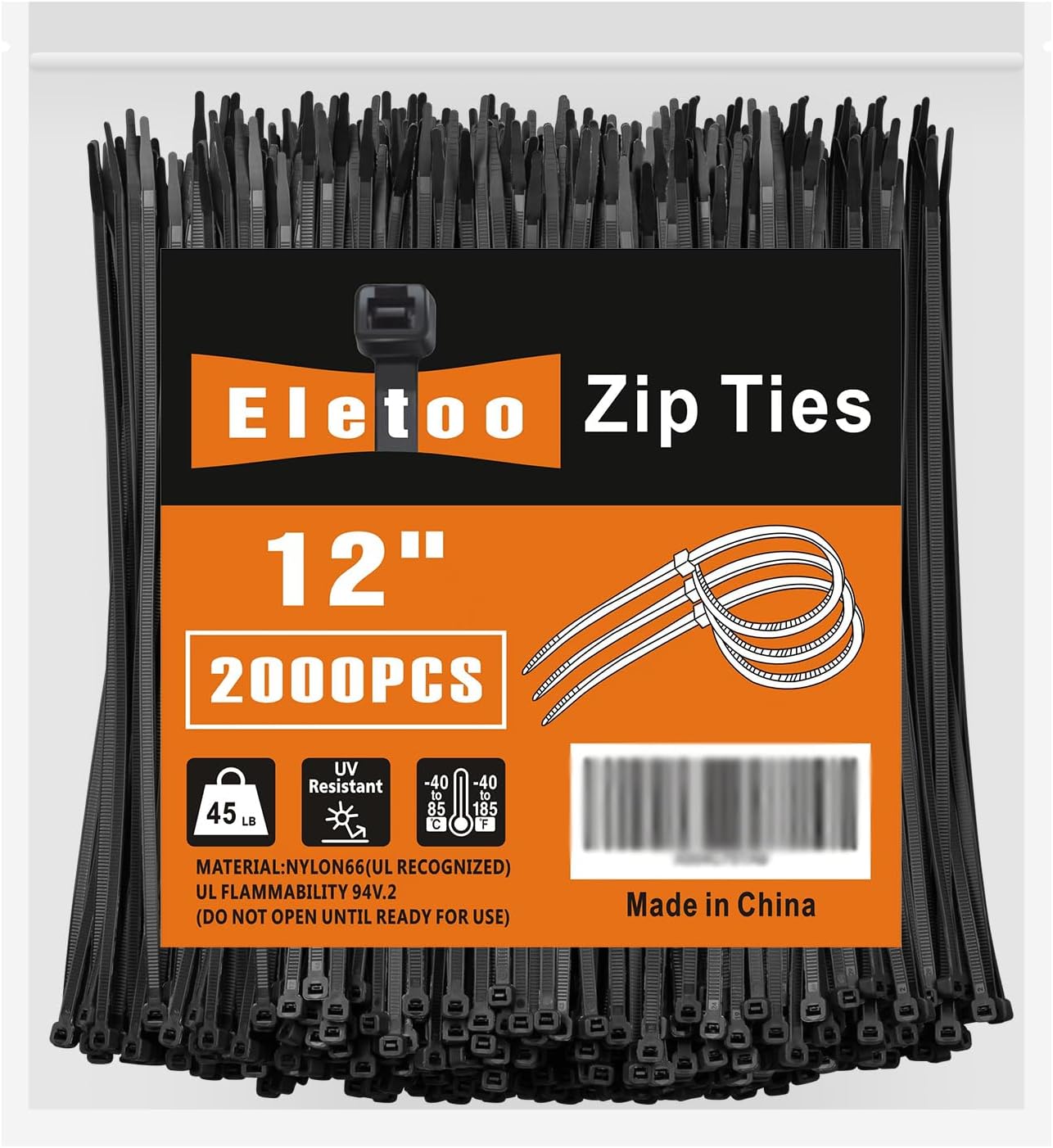 12 Inch Black Zip Ties (2000 Pack), 45 LBS Tensile Strength, Self-Locking Nylon PA66 UV Resistant Cable Ties for Indoor and Outdoor Use-VerdiqueGarden
