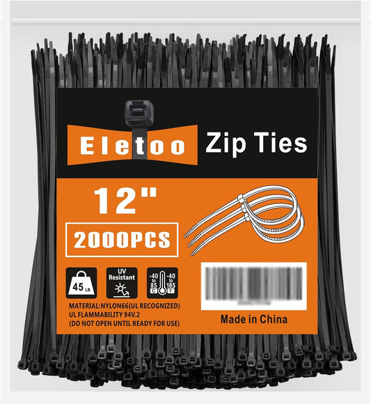 12 Inch Black Zip Ties (2000 Pack), 45 LBS Tensile Strength, Self-Locking Nylon PA66 UV Resistant Cable Ties for Indoor and Outdoor Use-VerdiqueGarden