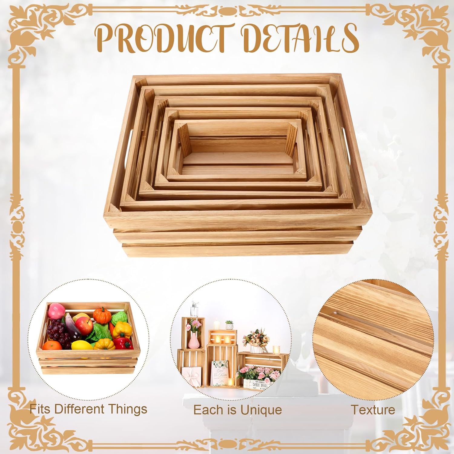 Soaoo 5 Pcs Decorative Nesting Wooden Crates for Storage Display 5 Size Large Small Rustic Wood Decorative Storage Crates with Handle Farmhouse Crate Box Container Made from Pine(Classic Color)-VerdiqueGarden