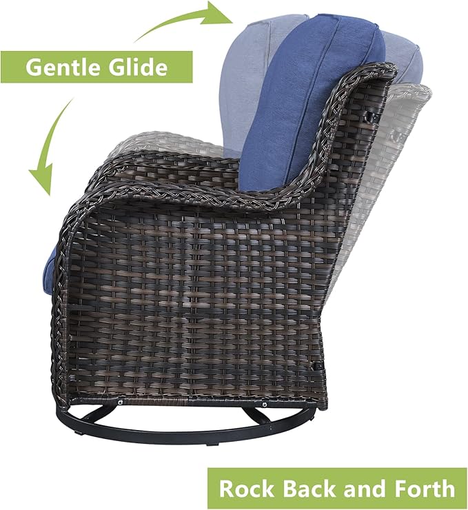 Outdoor Wicker Patio Furniture Set - 5 Piece Rattan Patio Conversation Set with 2 Rocking Swivel Chairs,2 Ottomans and 1 Sofa for Porch Deck Backyard Garden(Brown/Blue)-VerdiqueGarden