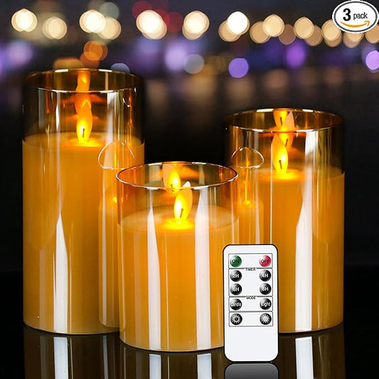Glass Flickering Flameless Candles with Remote Timer, LED Pillar Candles Battery Operated with 3D Realistic Wick, Real Wax Fake Candles Home Decor for Wedding Festival Party(Gold)-VerdiqueGarden