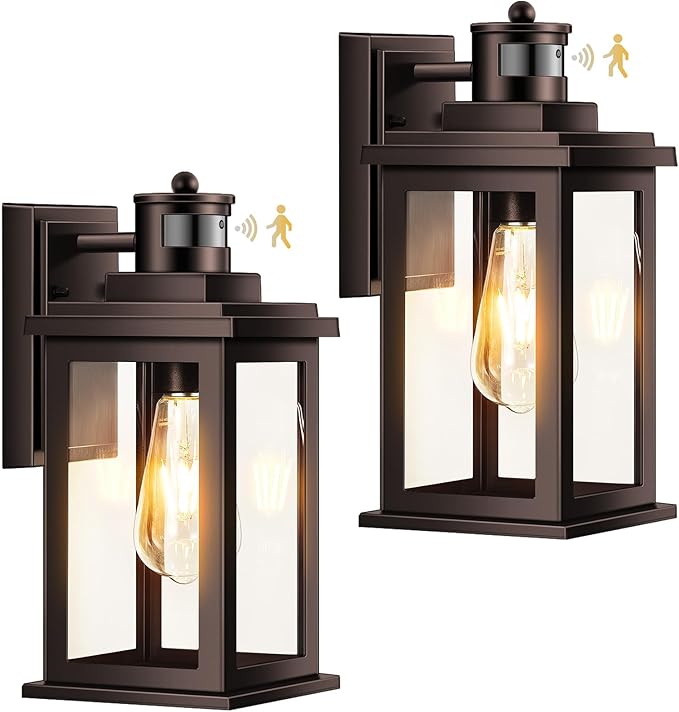 VIANIS 2 Pack Outdoor Lights for House, Brown Dusk to Dawn Motion Sensor Outdoor Light, Oil Rubbed Bronze Porch Lights Outdoor Lantern for Garden, Garage, Doorway, Aluminum,Hardwired, Non-Solar-VerdiqueGarden
