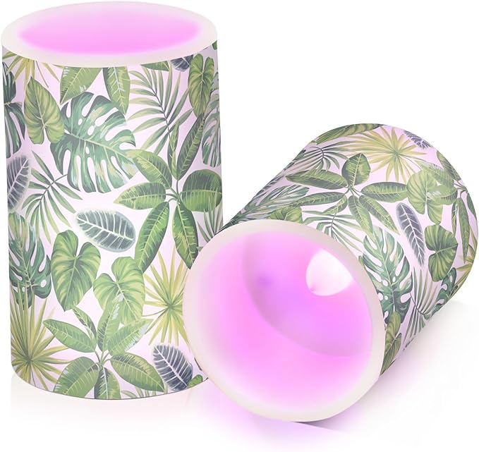 Flickering Flameless Candles, Tropical Palm Leaves Exotic LED Candles with Remote Timer, Set of 2 Battery Operated Candle for Valentine Wedding Birthday-VerdiqueGarden