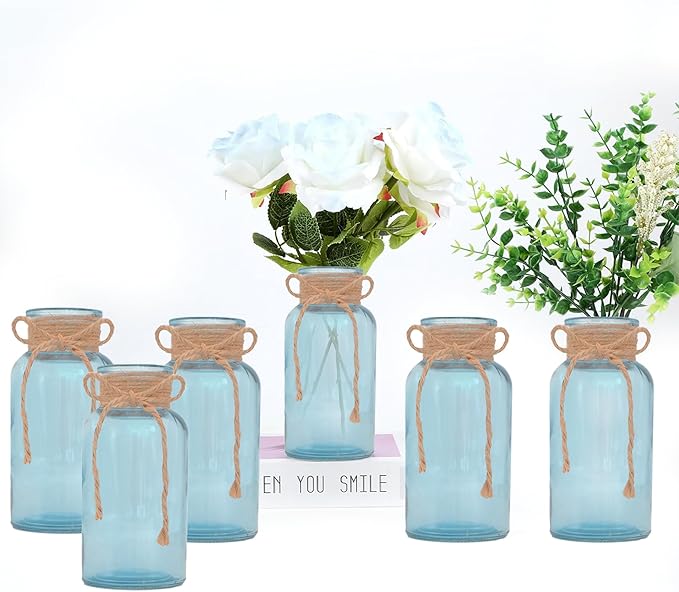 Vintage Glass Flower Vase，6 Pack Blue Farmhouse Glass Centerpiece Vases Mason Jars for Weddings, Parties & Home Decor Bulk (6, Blue)-VerdiqueGarden