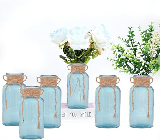Vintage Glass Flower Vase，6 Pack Blue Farmhouse Glass Centerpiece Vases Mason Jars for Weddings, Parties & Home Decor Bulk (6, Blue)-VerdiqueGarden