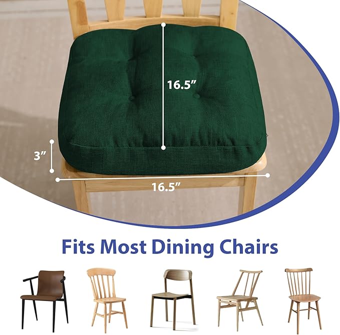 Chair Cushions for Dining Chairs, Dining Chair Cushions, Tufted Indoor Chair Pads with Ties & Non Slip Backing, Seat Cushions for Kitchen Chairs 16.5” x 16.5” x 3.5”, Set of 6, Green-VerdiqueGarden