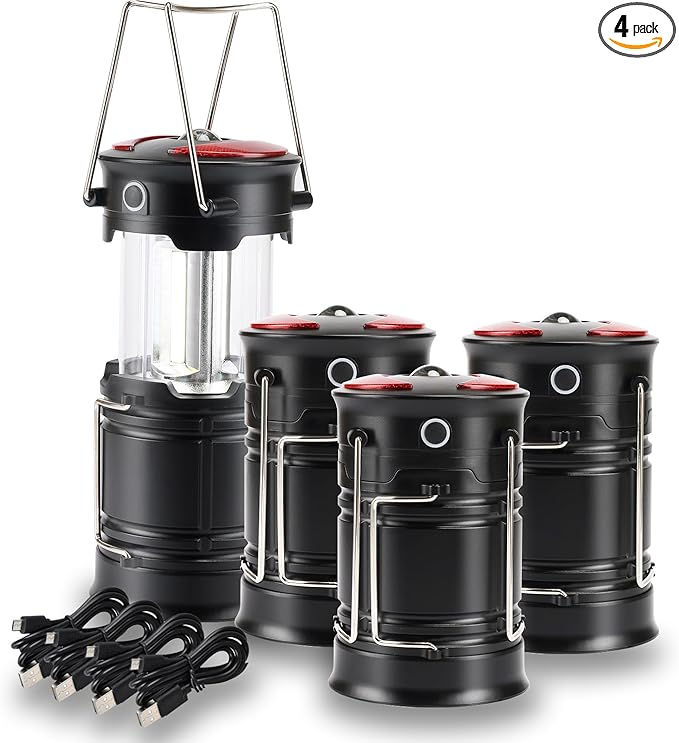 Lichamp 4 Pack Camping Lanterns Rechargeable and Battery Powered, Dual Power Source and 4 Mode Lantern Flashlight COB Camp Light for Power Outages, Camping Supplies and Home Hurricane Supplies, E4BK-VerdiqueGarden