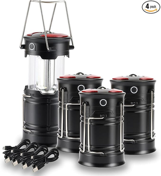 Lichamp 4 Pack Camping Lanterns Rechargeable and Battery Powered, Dual Power Source and 4 Mode Lantern Flashlight COB Camp Light for Power Outages, Camping Supplies and Home Hurricane Supplies, E4BK-VerdiqueGarden