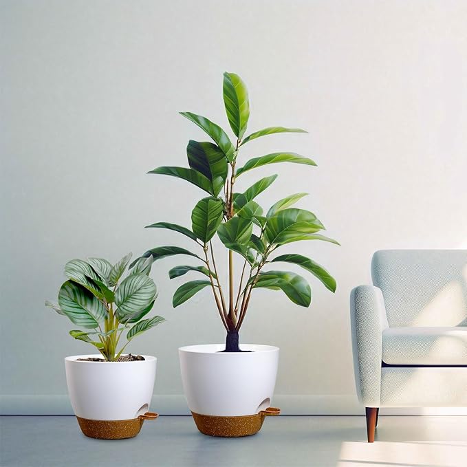 10/9/8 inch Medium Self Watering Pots, Planter, Plant Pots with Mesh Drainage Holes for Indoor Outdoor Garden Plants, Plastic Flower Pots with Removable Deep Reservoir, White with Brown-VerdiqueGarden