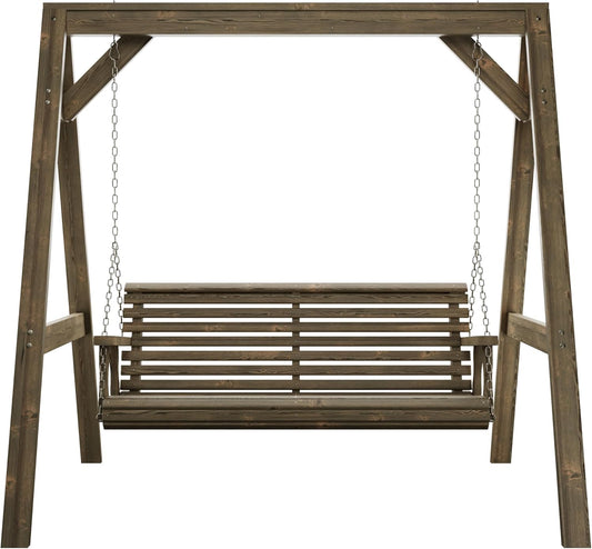 Amish Casual 6 Foot Roll Back Swing with A-Frame Stand in Dark Walnut - Freestanding Wood Porch Swing for Patio, Yard or Garden-VerdiqueGarden