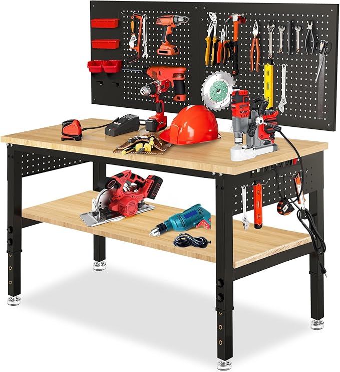 48“ Adjustable Height Workbench Work Bench for Garage Work Table with Under Table Shelf Heavy Duty Rubber Wood Top for Shop Woodworking, Office, Home, Commercial-VerdiqueGarden