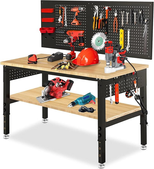 48“ Adjustable Height Workbench Work Bench for Garage Work Table with Under Table Shelf Heavy Duty Rubber Wood Top for Shop Woodworking, Office, Home, Commercial-VerdiqueGarden