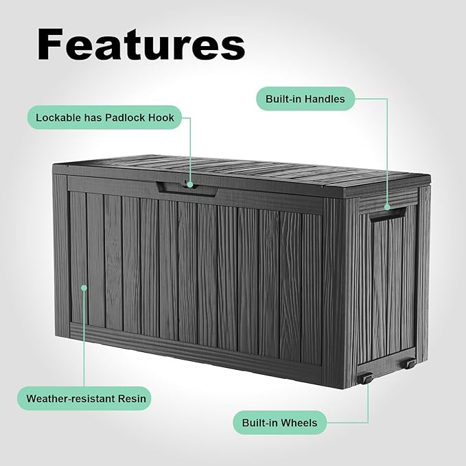 DRATO 75 Gallon Deck Box, Waterproof Resin Large Outdoor Storgae Box for Patio Furniture, Patio Cushions, Gardening Tools, Pool and Sports Supplies, Lockable-VerdiqueGarden