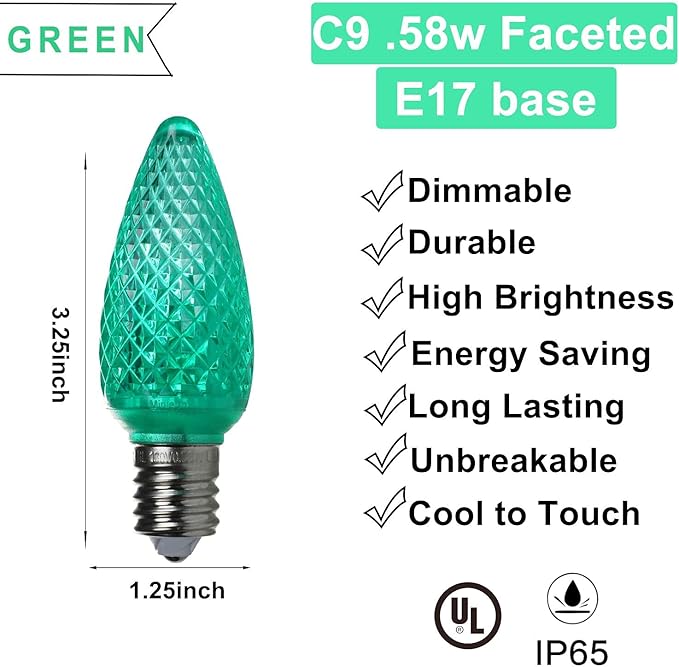 UL Listed Set of 25 C9 Green LED Christmas Lights Replacement Bulbs, Dimmable High Brightness Waterproof Christmas Replacement Bulbs for Outdoor Holiday Decoration-VerdiqueGarden