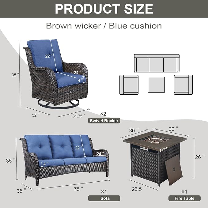 Outdoor Patio Furniture Set with 50000BTU Propane Fire Pit Table, 4 Pieces Wicker Patio Conversation Set with 2 Swivel Rocker Glider Chairs Rattan Sofa Blue Cushion Perfect for Gathering-VerdiqueGarden