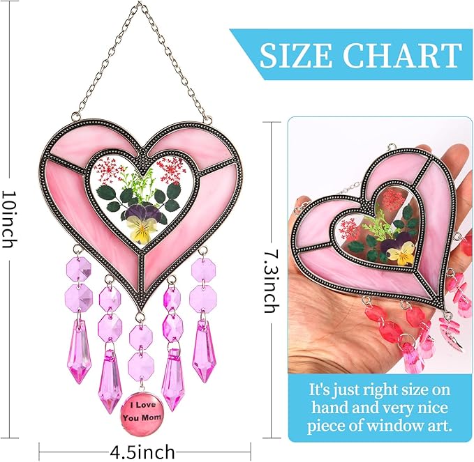 Gifts for Mom Suncatcher Heart Shaped I Love You Mom - Colored Glass Light Catcher Hanging Wind Chime Decorations Window Gifts Mother's Day Valentine's Day Birthday Christmas (Pink)-VerdiqueGarden