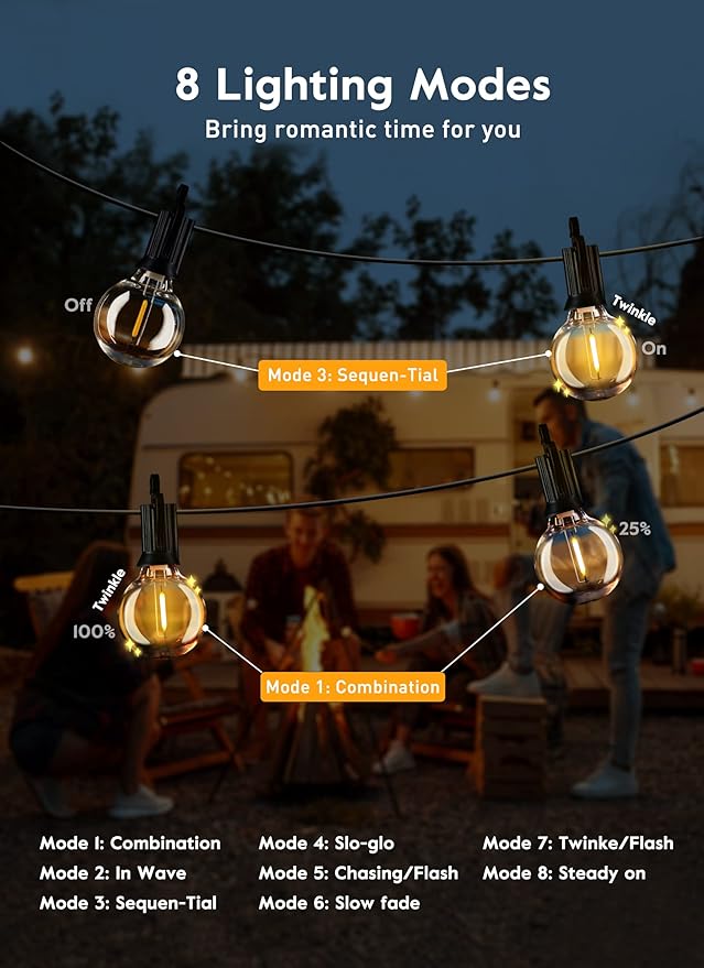 Outdoor String Lights with Remote - 58 Ft Globe Patio Lights, 4 Lighting Modes, 25 LED G40 Bulbs Waterproof Connectable Commercial Hanging Lights for Backyard Party-VerdiqueGarden