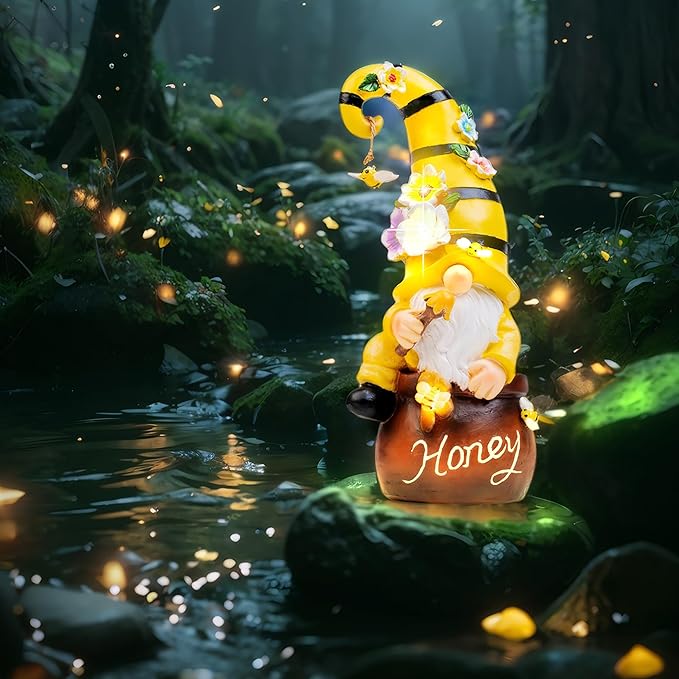 13" Garden Solar Spring Gnomes Statues Outdoor Spring Decor with LED Lighted Bee and Flowers Funny Garden Sculpture for Patio Yard Lawn Decorations Gifts-VerdiqueGarden