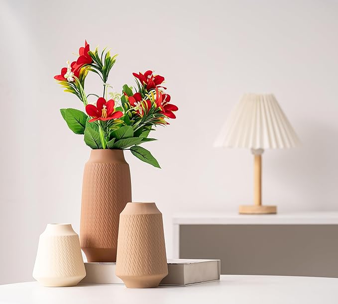 Ceramic Vase Set of 3, Modern Multicolor Pattern Flower Vases for Home Decor, Office, Centerpieces, Boho Farmhouse Style (Khaki/Brown/Beige)-VerdiqueGarden