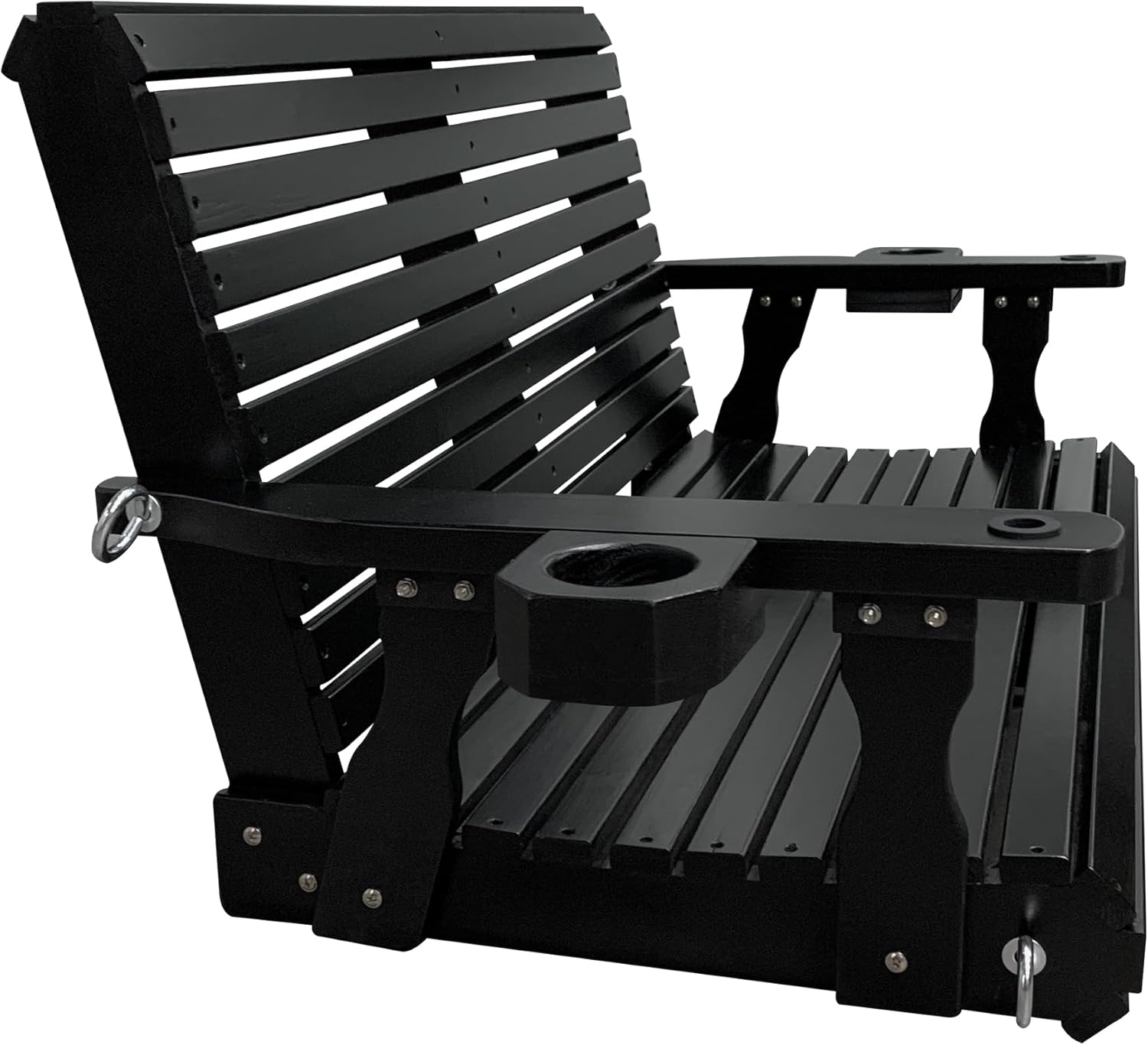 Wooden Porch Swing 2-Seater, High Backrest and Deep Seat, Bench Swing with Cupholders, Hanging Chains and 7mm Springs, Heavy Duty 880 LBS, for Outdoor Patio Garden (Carbon Black - 4 FT Extra Large)-VerdiqueGarden